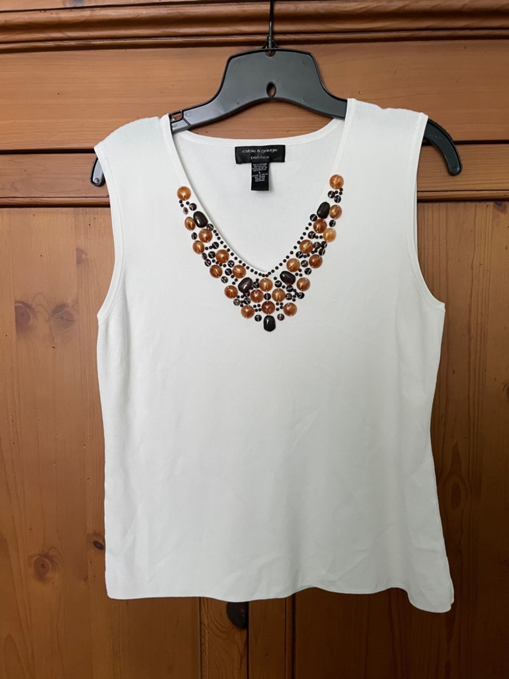 Cable & Gauge White Sleeveless Tank with Brown & Black Beaded V-Neck